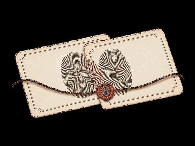 The two cards overlapping, prints meeting under a small wax seal