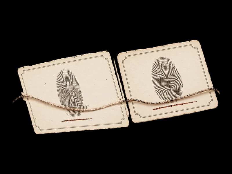 Two specimen cards with different thumbprints, joined by twine